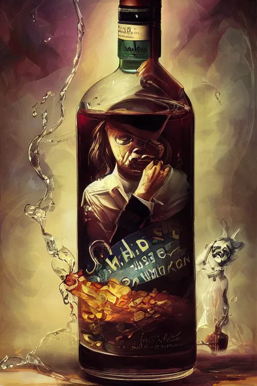 Prompt: imagine a ship in a bottle but instead of a ship a young jack nicholson is in the bottle, jack nicholson, fancy whiskey bottle, masterpiece painting by peter mohrbacher