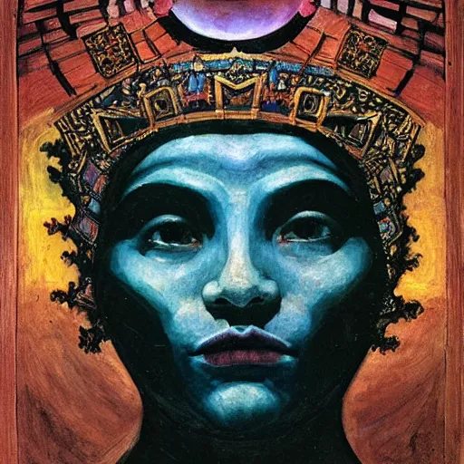 Image similar to the crown of madness, by Annie Swynnerton and Nicholas Roerich and Diego Rivera, bioluminescent skin, elaborate costume, geometric ornament, symbolist, rich color, dramatic cinematic lighting, smooth, sharp focus, extremely detailed