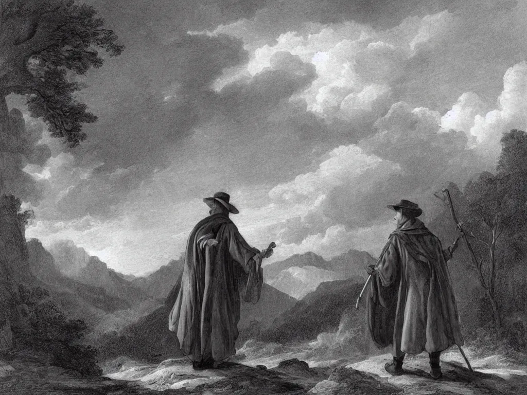 Prompt: a man in a grey cloak and brimmed hat with a staff travelling trough the forest and mountains looking at the clouds in the style of neo-romanticism
