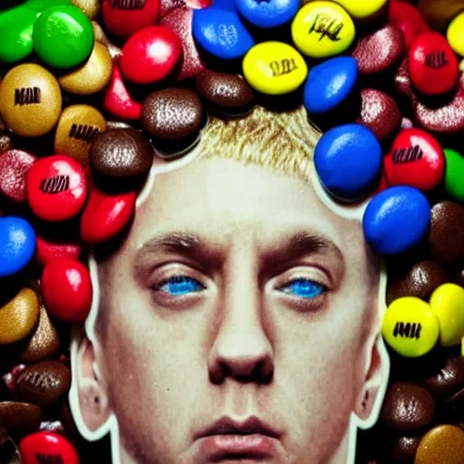 Prompt: a photo of eminem's face made of m & m candies