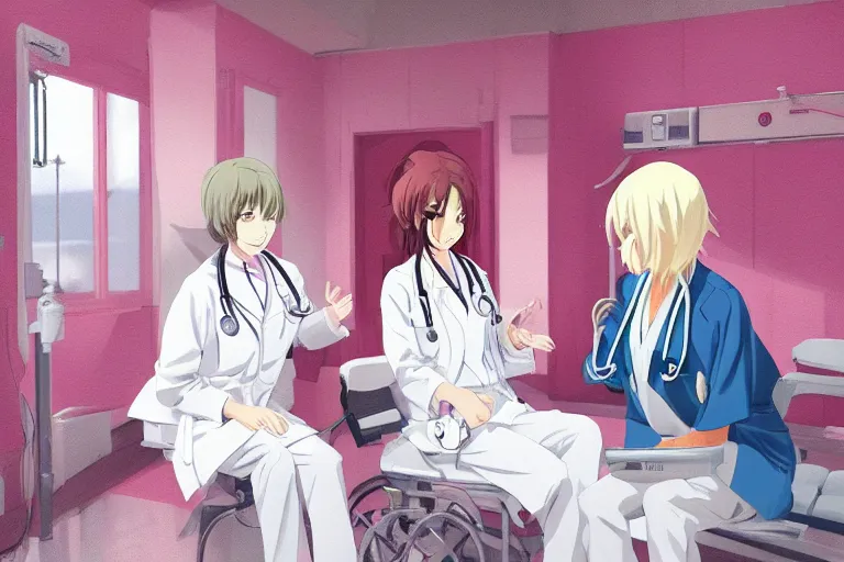 Image similar to a beautiful young female doctor wearing white coat are talking with a nurse wearing pink coat in a hospital ward, highly detailed, digital painting, slice of life anime, illustration, anime scenery by Makoto shinkai