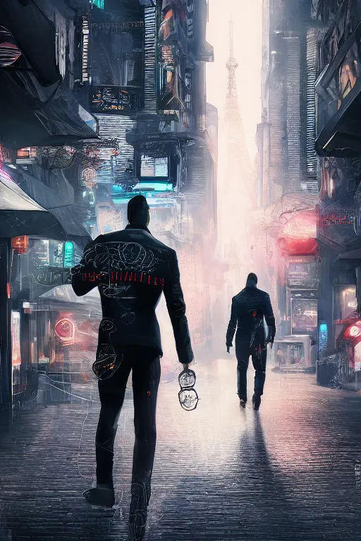 Image similar to in the foreground a Parisian street, in the background a dark-haired man from behind playing with swirls of black energy coming out of his hands wearing a long matrix-style jacket, realistic, high definition, many details, dramatic scene, detailed hands and realistic, symmetrical face, realistic eyes, cyberpunk art 2077