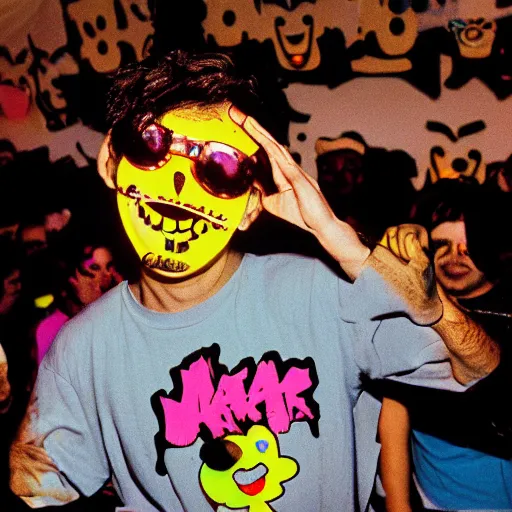 Image similar to a mad raver dancing at a warehouse rave 1988, acid house, smiley face t-shirt, XTC, photorealistic, depth of field, 16k resolution, 35mm camera wideangle