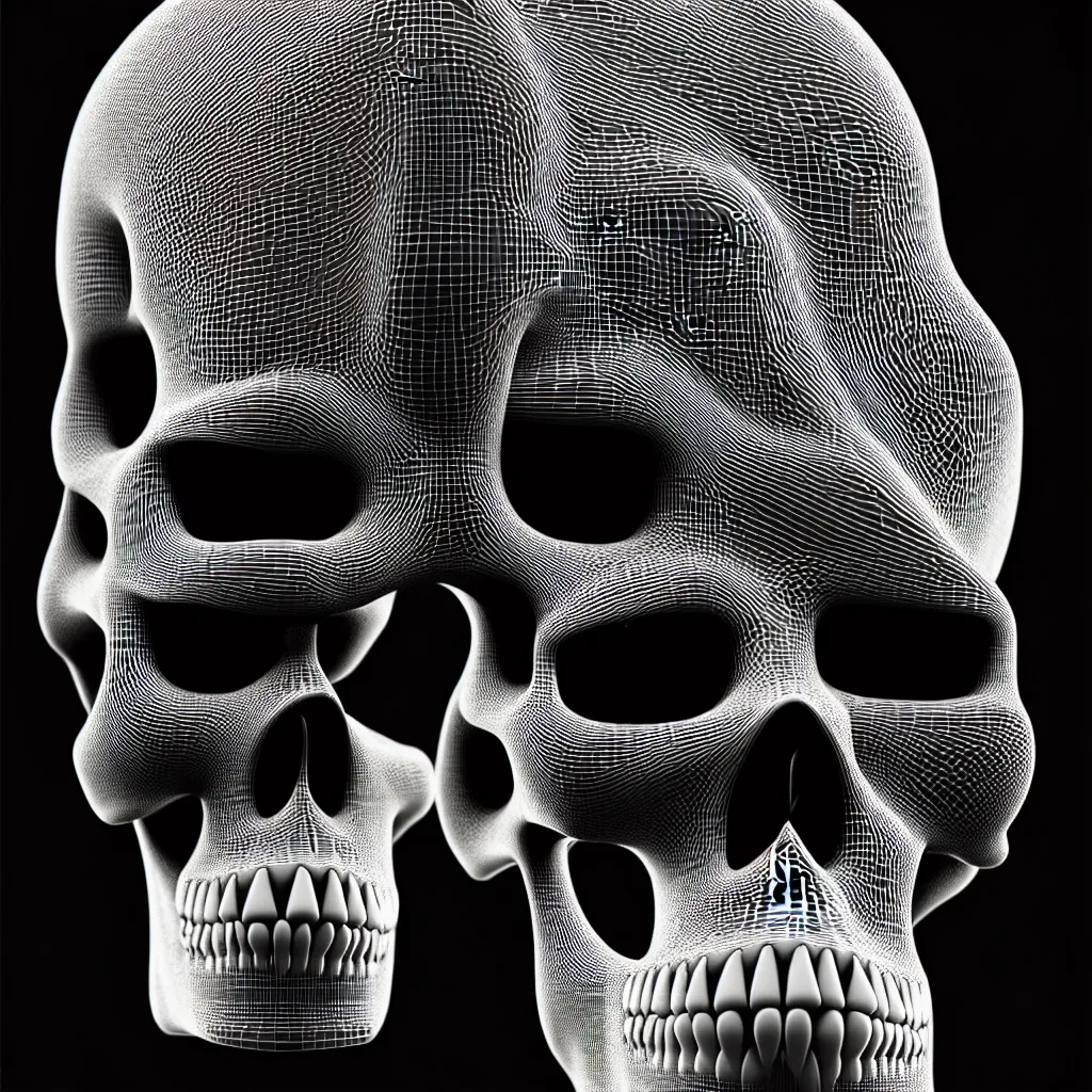 Image similar to black and white light 3D geometry, skull, matte bright highly detailed, poetic, 3D render, digital art, octane render, 8K artistic photography, photo-realistic, by Dora Maar