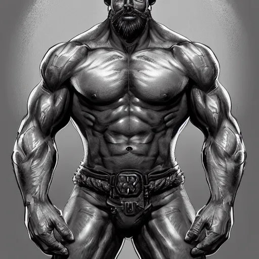 Image similar to portrait of a rugged ranger, muscular, upper body, hairy torso, detailed detailed detailed hands hands hands hands, D&D, fantasy, bare bare bare bare thighs thighs thighs intricate, elegant, highly detailed, digital painting, artstation, concept art, smooth, sharp focus, illustration, art by artgerm