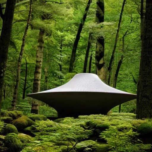 Prompt: japanese forest temple honoring funghi designed by syd mead and zaha hadid, sunset photo shoot