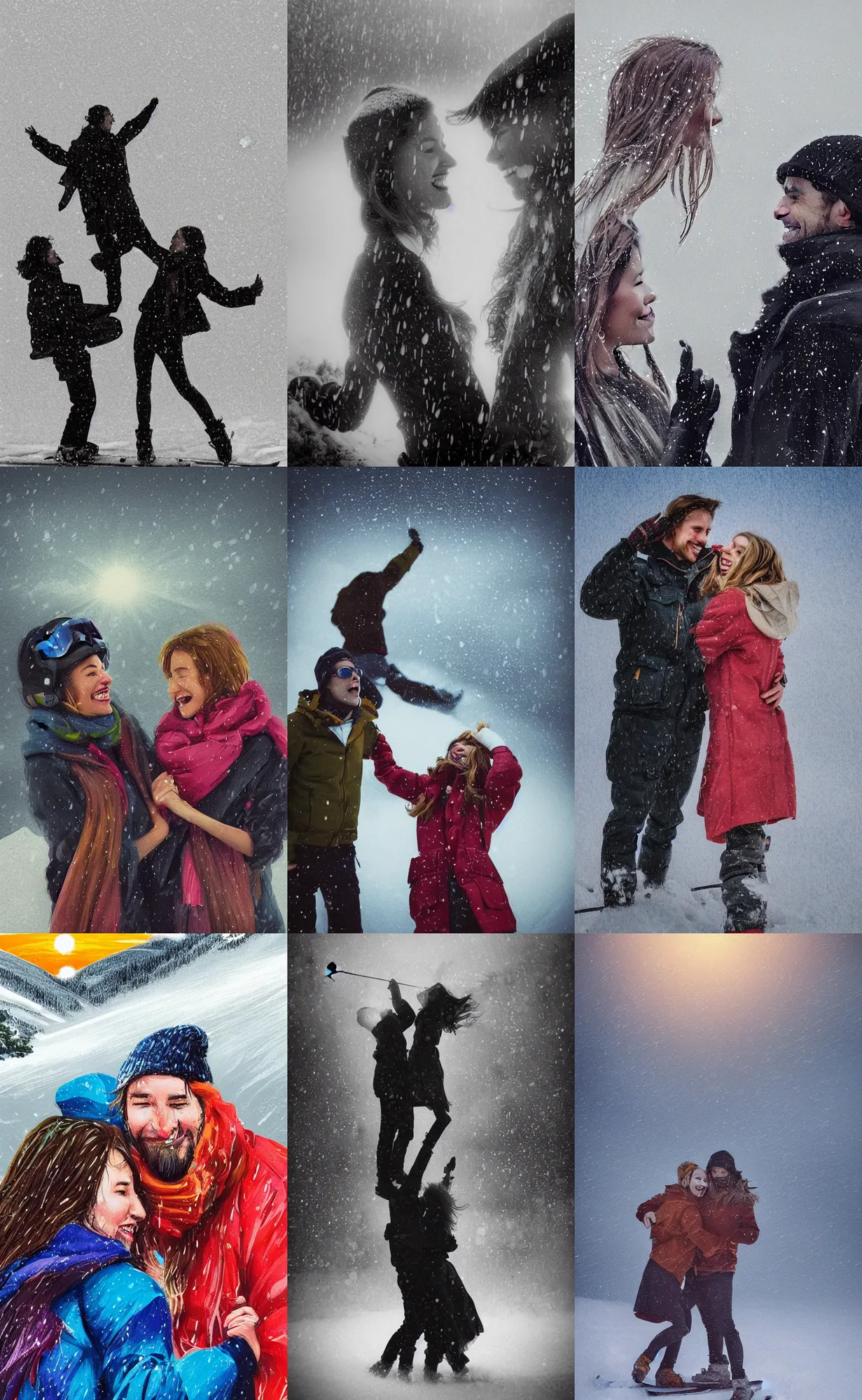 Prompt: portrait of a cinematic joyous closeup moment of two school friends enjoying life in a ski cafe and visiting wearing boho clothing peonies, boy girl traditional romance, full body illustration,bestselling movie poster, official media elegant decollete, sculpture, fog and rain, dynamic pose, standing silhouette against the sun, thunder clouds in the sky, nature, illustration, intimidating lighting, john william waterhouse and Denis Sarazhin and klimt and rhads, incredible art by artgerm and greg rutkowski and kerembeyt and simon stalenhag paul delaroche, alphonse mucha and arnold böcklin arnold böcklin