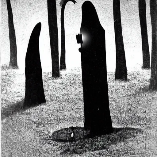 Image similar to phantasm's the tall man standing by a lake at night, spooky, scary, horror, highly detailed