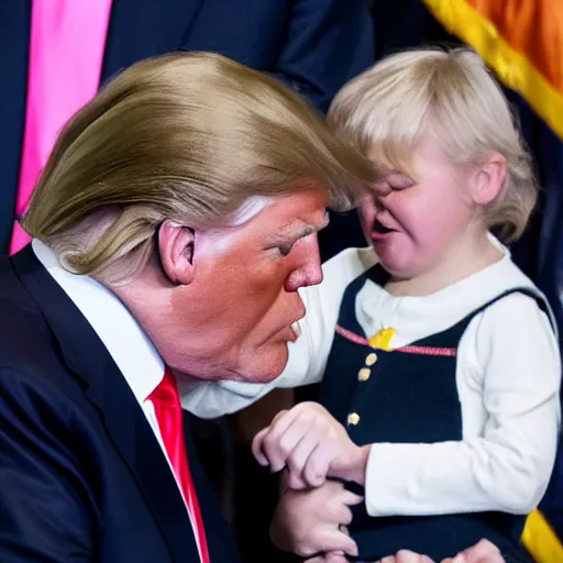 Image similar to Donald Trump crying behind a small child, realistic, photograph