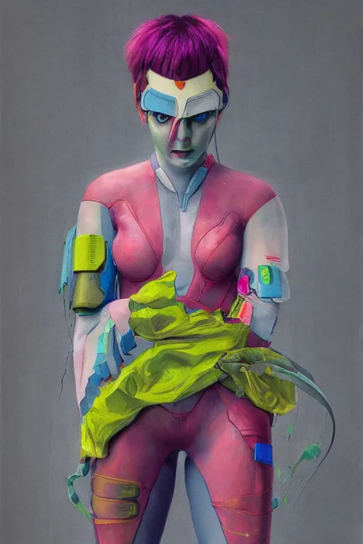 Prompt: a character wearing a diy costume with fluo colored details, muted colors, ghost in the shell, hyper real painting