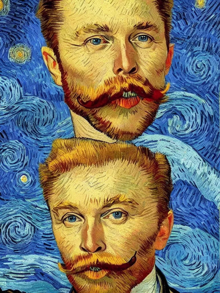 Prompt: a beautiful portrait of Elon Musk with a moustache, painted by vincent van gogh, impasto oil painting