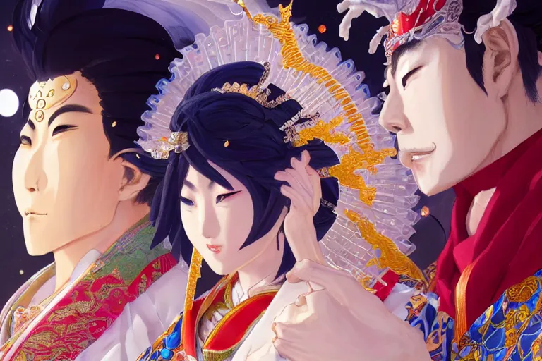 Image similar to close up moment of a divine a japan sun god and a moon goddess lovers magician at a wedding banquet, highly detailed, genshin, fantasy, 4 k realistic, digital painting, trending on artstation, concept art, sharp focus, illustration, art by makoto shinkai and akihiko yoshida and daniel gerhartz