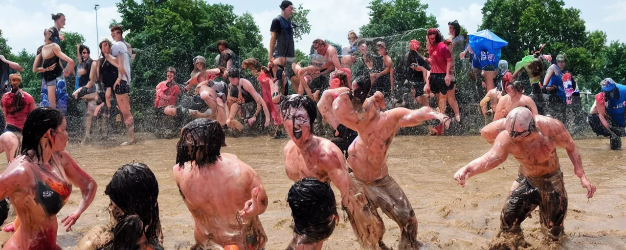 Image similar to feminists and anti - feminists engaged in an intense tactical water balloon fight and mud wrestling challenge as muscular men look on from the bleachers, in the style of marvel comics