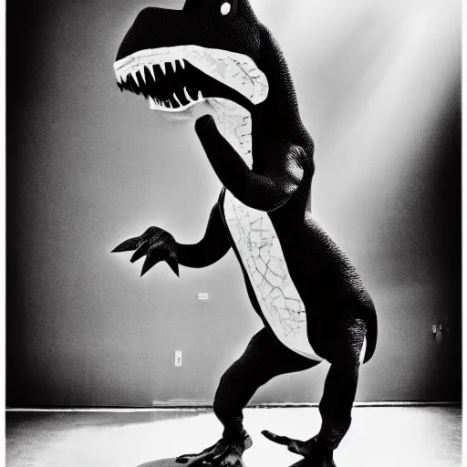 Prompt: a black and white photo of a dinosaur dancing to rap