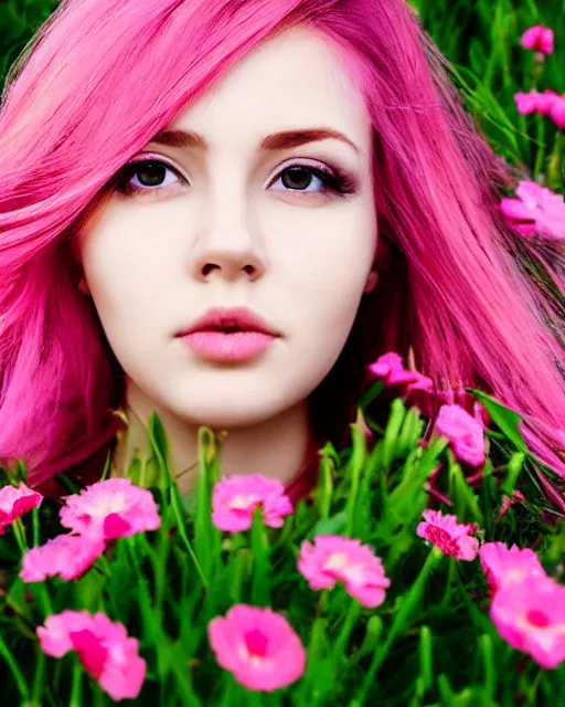 Prompt: beautiful girl, pink glowing hair, wind blowing, big eyes, cute, clear clean face, symmetrical face, blurry background, posing, high contrast, three quartered turned angle, surrounded by flowers