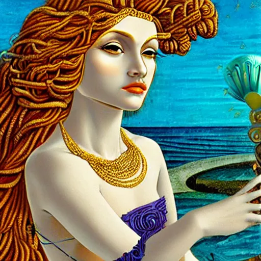 Prompt: sumerian goddess inanna ishtar, ashteroth, techno mystic goddess princess intergalactica, with aqua neon rapunzel dreadlocks, detailed, wearing seashell attire, crystal pathway to atlantis floating on the sea, by sandro botticelli