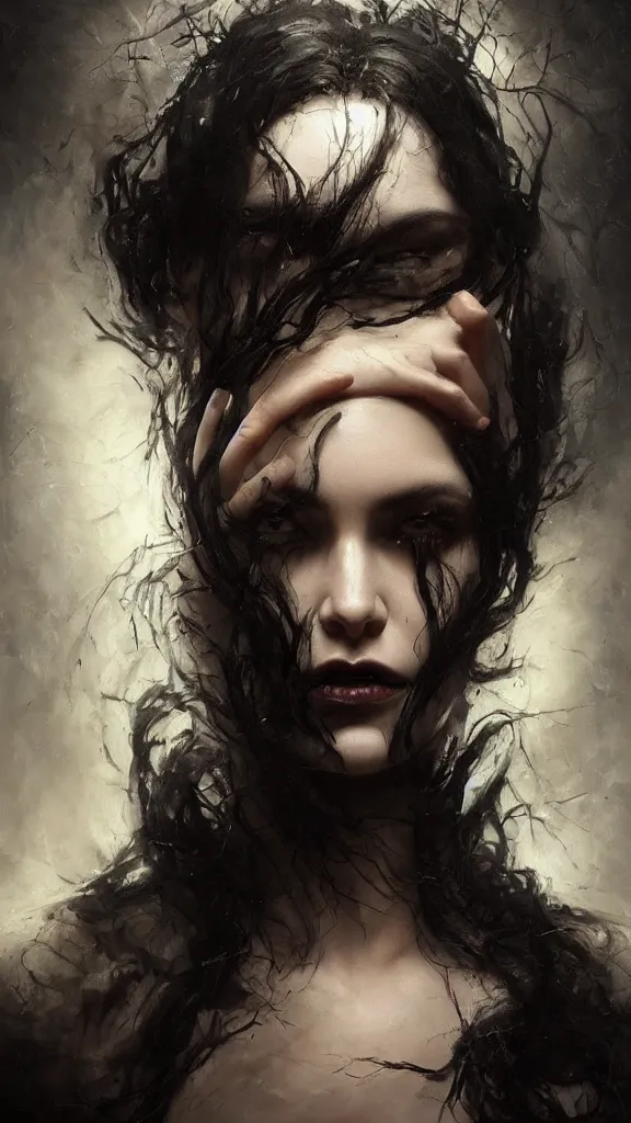 Image similar to face of a beautiful woman with very black hair, intimidating woman, large black eyes, high forehead, smooth pale skin, ethereal skin, ominous, eldritch. oil painting by nuri iyem, james gurney, james jean, greg rutkowski, highly detailed, soft lighting, chiaroscuro