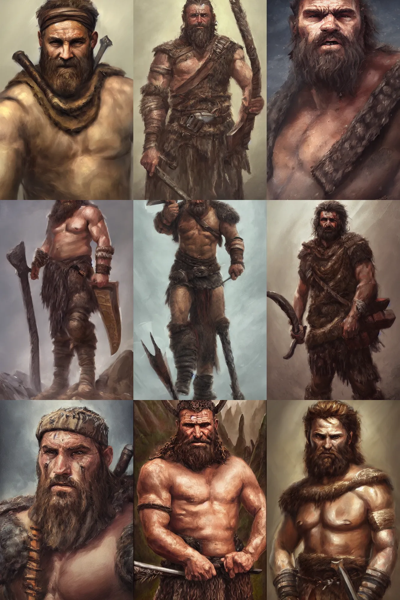 Prompt: a full body fantasy portrait oil painting illustration of a single rugged stoic barbarian man by Justin Sweet with face and body clearly visible, d&d, rpg, forgotten realms, artstation trending, high quality, sombre mood, artstation trending, muted colours, no crop, entire character!,