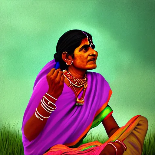 Image similar to aesthetic painting of indian rural women talking, trending on artstation, detailed digital art