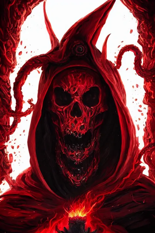 Image similar to A full body portrait of a mysterious character with a flaming skull with a very long hooded blood red and black cloak, tentacles coming out the ground art by Jason Chan and Gilles Beloeil, ominous, cosmic horror, trending on artstation, Ultra detailed, hyper realistic 4k