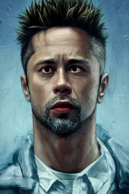 Image similar to cinematic portrait of Tyler Durden. Centered, uncut, unzoom, symmetry. character illustration. Surreal render, ultra realistic, zenith view. Polished. Inspired by patricio clarey, heidi taillefer scifi painter glenn brown. Extremely ornated. artstation, cgsociety, unreal engine, ray tracing, detailed illustration, hd, 4k, digital art, overdetailed art. Dslr, tiltshift, dof. 64megapixel. complementing colors. Trending on artstation, deviantart,