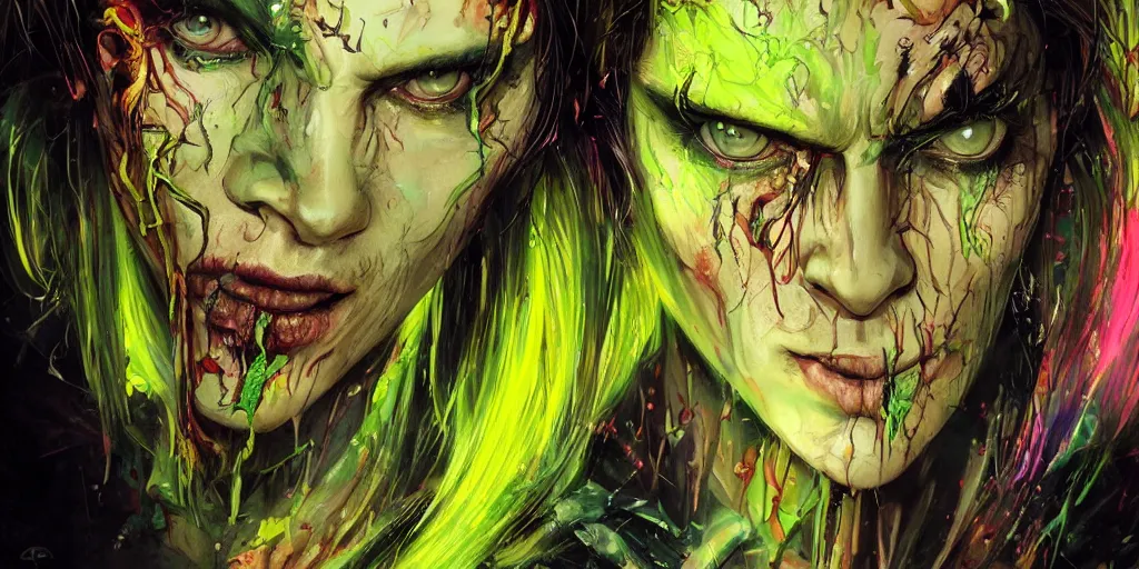 Image similar to a Demon Slayer portrait of Vector W8, tall, pale-skinned, slender with lime green eyes and long eyelashes by Stanley Artgerm, Tom Bagshaw, Arthur Adams, Carne Griffiths, trending on Deviant Art, street art, face enhance, chillwave, maximalist, full of color, glittering