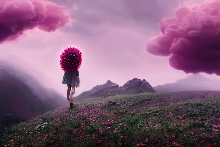 Image similar to giant dahlia flower on - head, girl walking on mountain, surreal photography, pink storm clouds, dramatic light, impressionist painting, digital painting, artstation, simon stalenhag