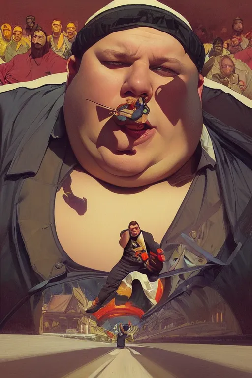 Image similar to an overweight man as a human cannonball, realistic painting, symmetrical, highly detailed, digital painting, artstation, concept art, smooth, sharp focus, illustration, cinematic lighting, art by artgerm and greg rutkowski and alphonse mucha