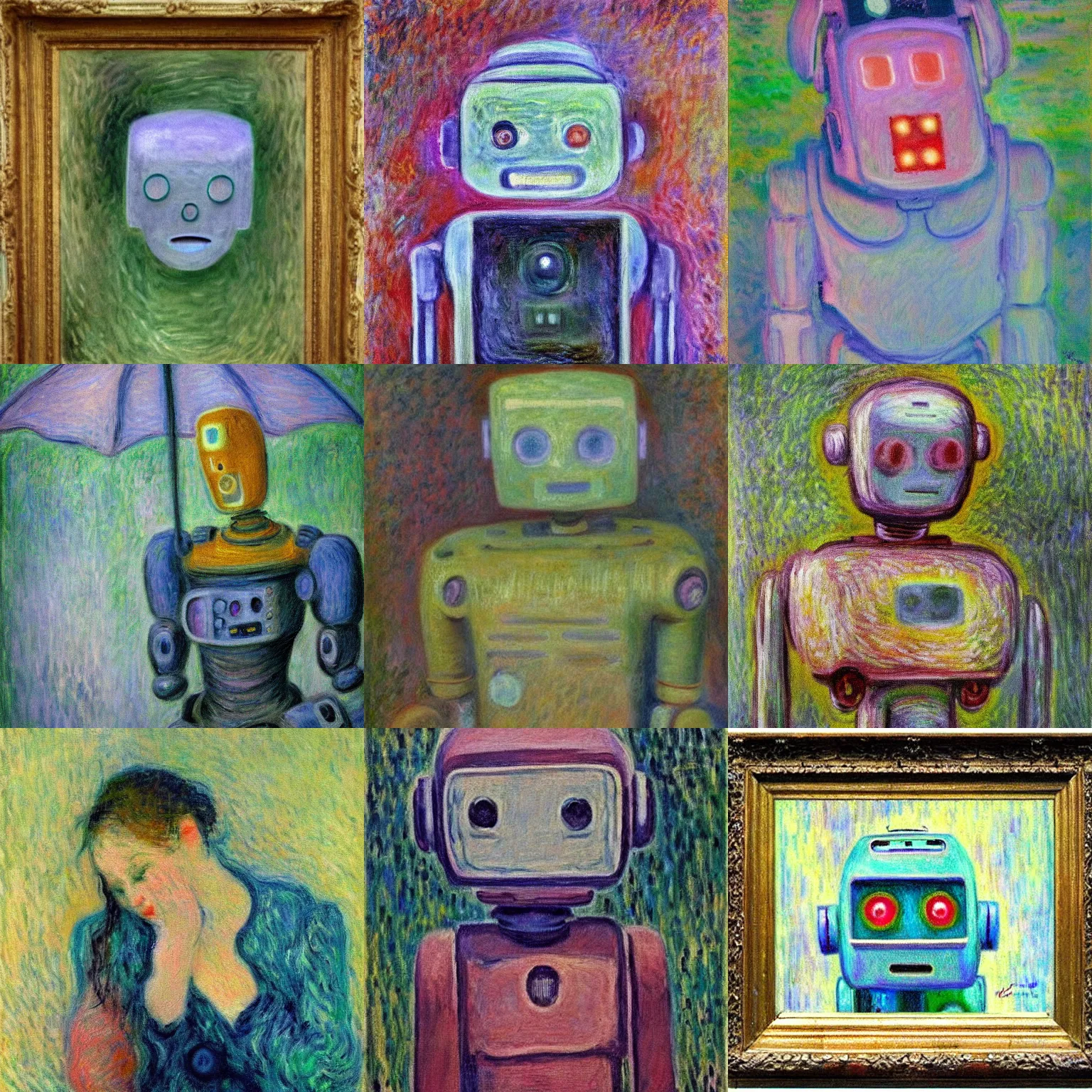 Prompt: impressionist painting of a crying robot. surreal, gloomy, pale, sad, weeping tears, tear drops, pastel colours, claude monet h - 6 4 0