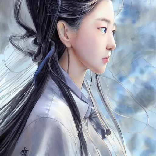 Image similar to dynamic composition, motion, ultra-detailed, incredibly detailed, a lot of details, amazing fine details and brush strokes, colorful and grayish palette, smooth, HD semirealistic anime CG concept art digital painting, watercolor oil painting of a young office lady, by a Chinese artist at ArtStation, by Huang Guangjian, Fenghua Zhong, Ruan Jia, Xin Jin and Wei Chang. Realistic artwork of a Chinese videogame, gradients, gentle an harmonic grayish colors.