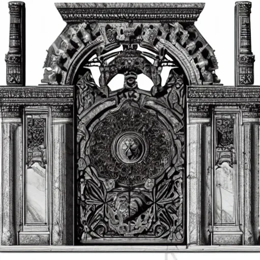 Image similar to ancient fantasy marble gate, neonpunk, mega structure, symmetric, intricate details