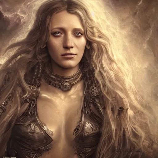 Image similar to priestess of the damned, blake lively, 8 k resolution, concept art, detailed matte painting, eldritch, unreal engine, gustave dore, detailed painting, maximalist, 4 k, 8 k resolution, 3 d shading, rendered in blender, astral aurora, hyperdetailed, intricate, polished