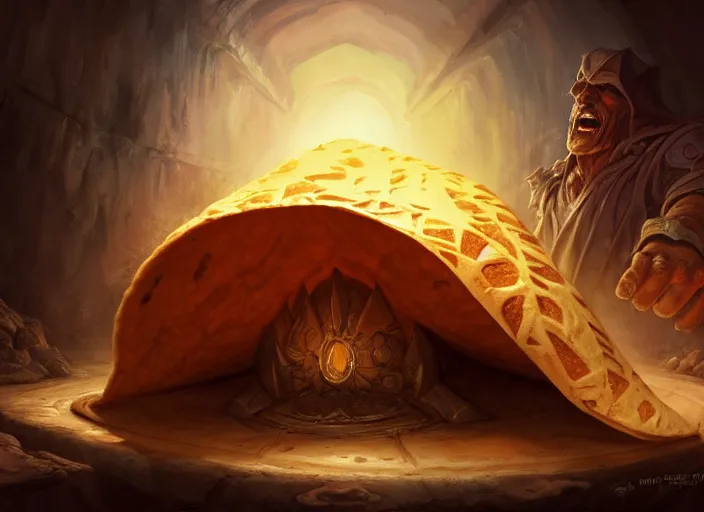 Image similar to a giant flour tortilla wrap with a group of human travelers trapped inside, by marco bucci and frank frazetta, style of magic the gathering, high resolution, fantasy coloring, intricate, digital painting, artstation, smooth, sharp focus