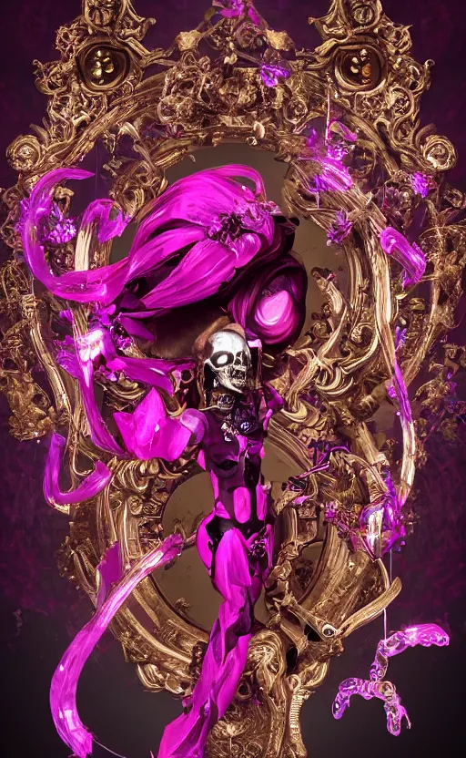 Prompt: a 3d Letter A with a large glowing pink crystal in the center, bronze cyberpunk style statue, mechanical flowers, flowing magenta silk, fabric, steampunk flowers. baroque elements, human skull. full-length view. baroque element. intricate artwork by caravaggio. many flying horses on background. Trending on artstation, octane render, cinematic lighting from the right, hyper realism, octane render, 8k, depth of field, 3D