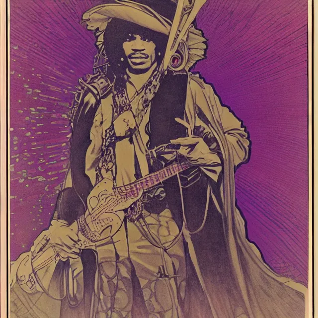 Image similar to polaroid of a vintage record cover by Franklin Booth showing a portrait of Jimi Hendrix as a futuristic space shaman, Alphonse Mucha background, psyadelic art, star map, smoke, sciFi