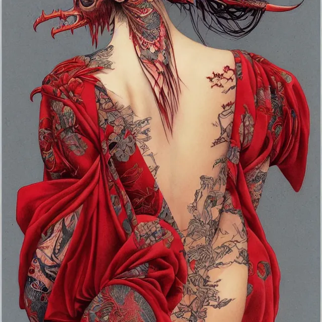 Image similar to ultra realistic illustration, beautiful woman dressed in red kimono, backview, tattoos, in the style of gerald brom by weta digital and beth cavener, high face symmetry, intricate, masterpiece, award winning, high face symmetry, intricate