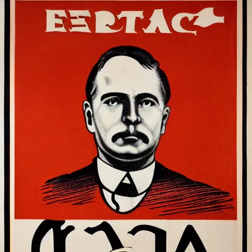 Image similar to 1 9 0 8 capitalism propaganda poster, black and white engraving on antique yellowed paper, with red ink used for emphasis, eastern european look, serious face of leader in the middle of poster, with intricate imagery of buildings and factories and laborers in the background