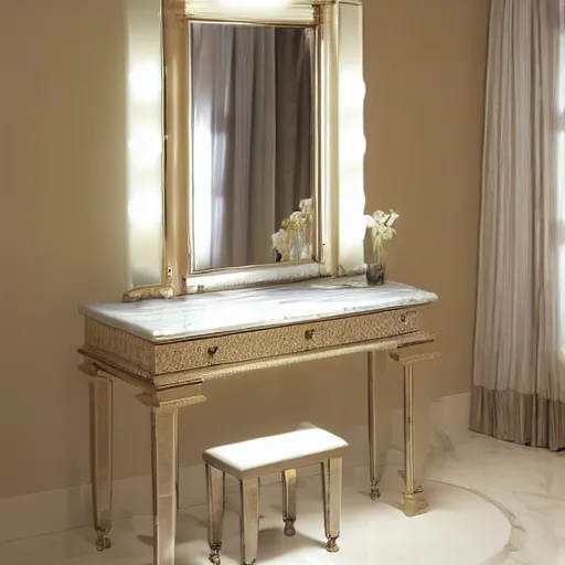 Prompt: sleek vanity mirror in a cool marble room