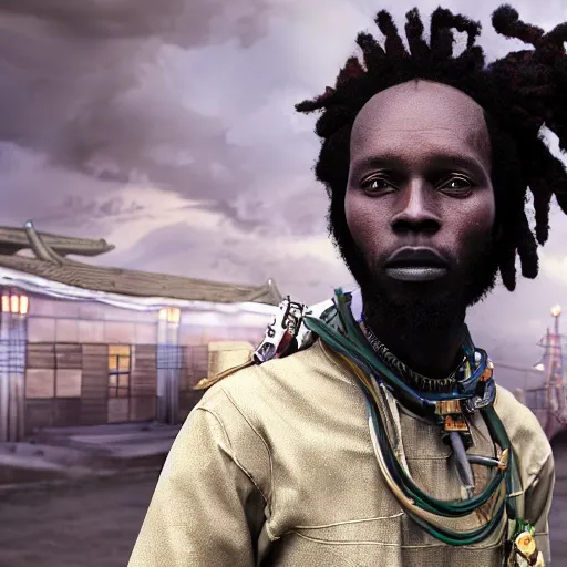 Image similar to beautiful feudal kenyan man, ghostbuster 1 5 6 7 dreaded hair, bob marley, intricate complexity 8 k character concept, ghostbusters, ghostbusters proton pack, ghostbusters trap, in feudal japan, atmospheric background, steampunk aesthetic, fresh food market, people, fine line detail, cinematic quality, high octane, cry engine, 4 k render, masterpiece, octane