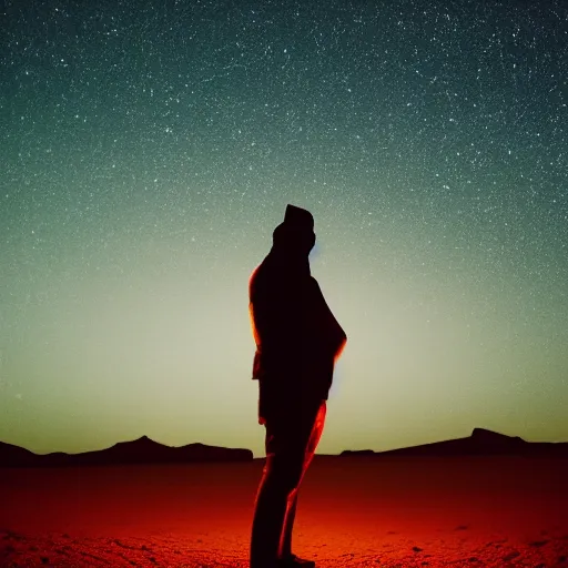 Image similar to a photo of a silhouette of a person in a color lit desert at night