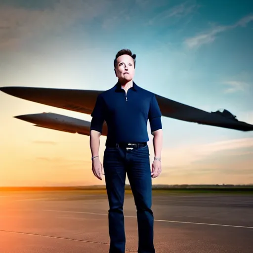 Image similar to elon musk, wearing a dark blue polo shirt, standing near fighter jet on an empty runway at dusk, high detail, volumetric lights, professional high quality studio photo from vogue magazine