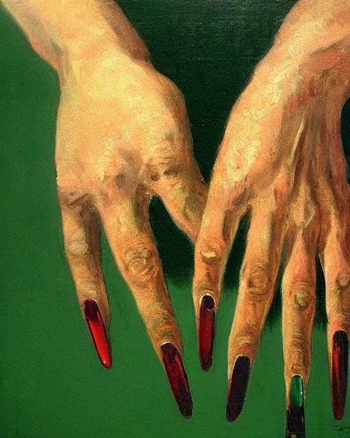 Prompt: by 1 9 th century famous painter, hands, nail polish, blood smear, knife, realism, realistic, oil painting, green wallpaper background