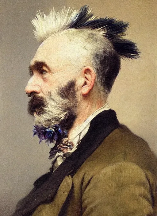 Prompt: a detailed portrait of old man with a extravagant blue mohawk by edouard bisson, punk rock, oil painting, muted colours, soft lighting