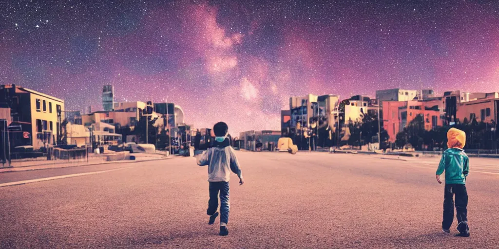 Prompt: color photo of a boy walking down a city in space, sky is full of stars