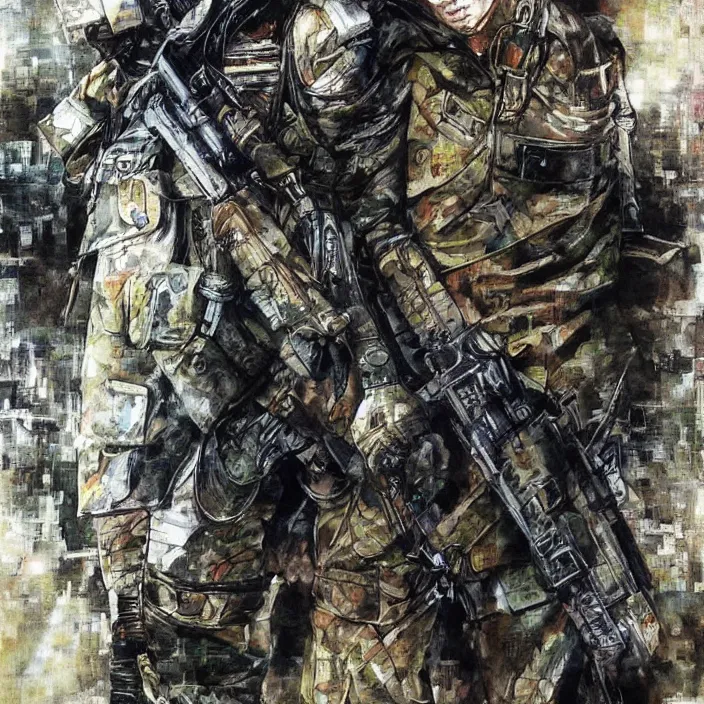 Image similar to burmese pdf soldier, painting, by greg ruthowski, yoshikata amano, yoji shinkawa, alphonse murac, collaborative artwork, beautifully drawn, heavily detailed