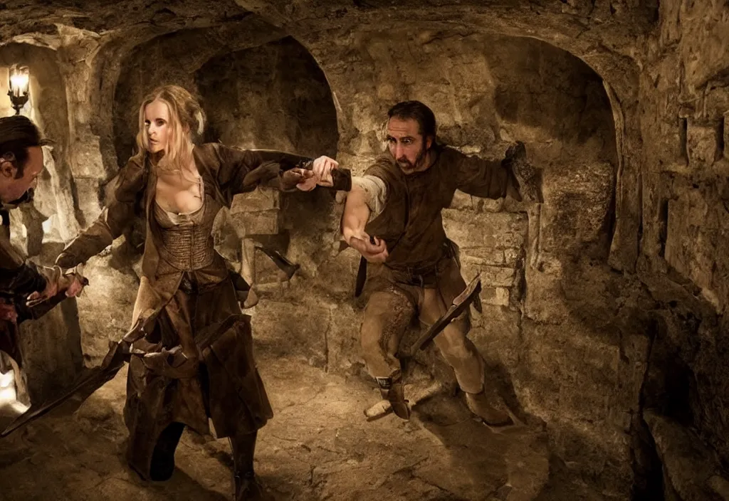 Image similar to photography emma watsons fight with nicholas cage in a medieval wine cellar detailed matte painting, cinematic