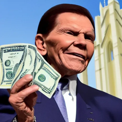 Image similar to kenneth copeland holding dollar bills, performing in front of big church