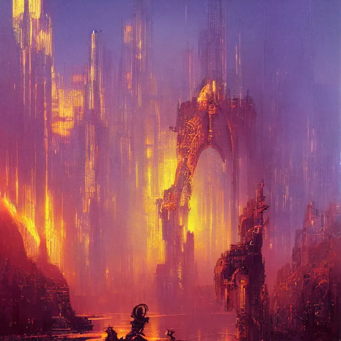 Prompt: city of light, abstract, concept art, digital painting, ornate, backlit, bokeh, deep aura, slight glow, by bruce pennington, by wayne barlowe