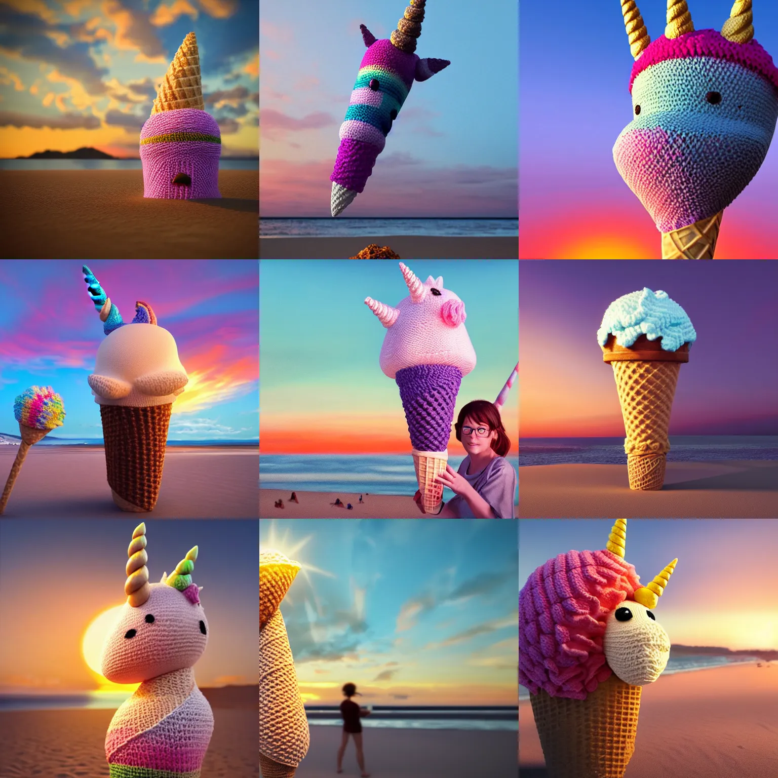 Prompt: a large knitted unicorn eating an ice cream cone at sunset on the beach Trending on artstation, featured on Behance, well-rendered, Unreal Engine, 4K HD
