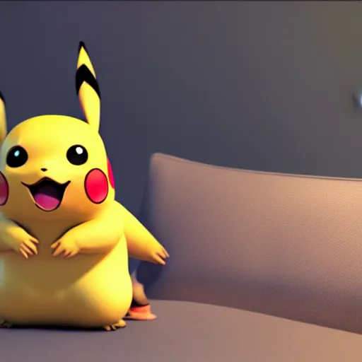 Prompt: Pikachu taking a bong rip on the couch, unreal engine 5, octane render, cgsociety, living room interior, soft lighting, ray tracing,